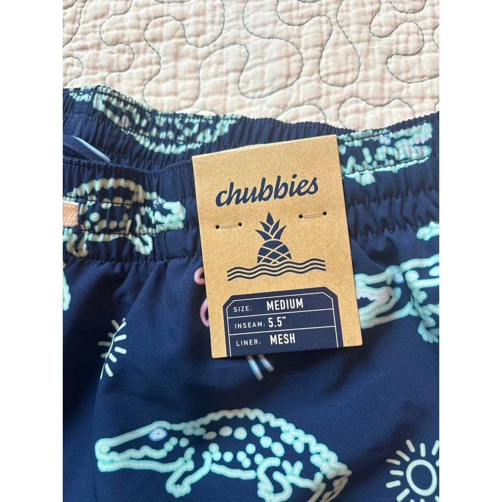 Chubbies Mens Swim Trunks Navy Neon Alligator Palm Tree 5.5 Inseam Mesh Liner M